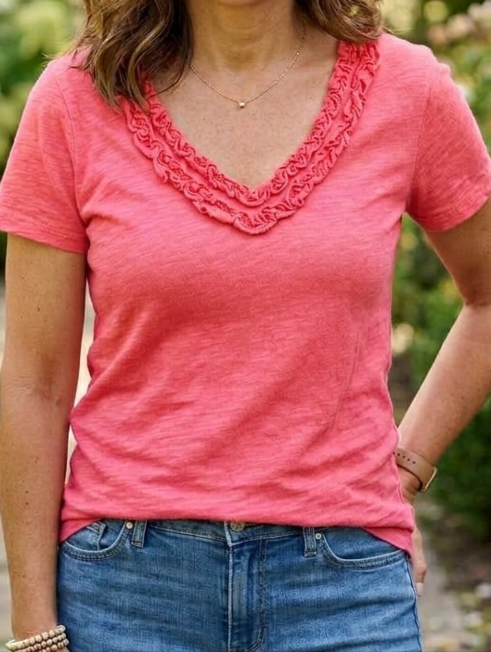 J.Crew Pink Ruffle V-Neck Slub Cotton Tee Size XS